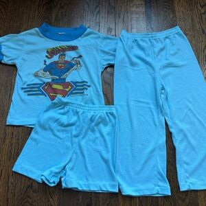 VINTAGE Superman Boys 3 pc Graphic Tee with Pants and Shorts Pajama Set